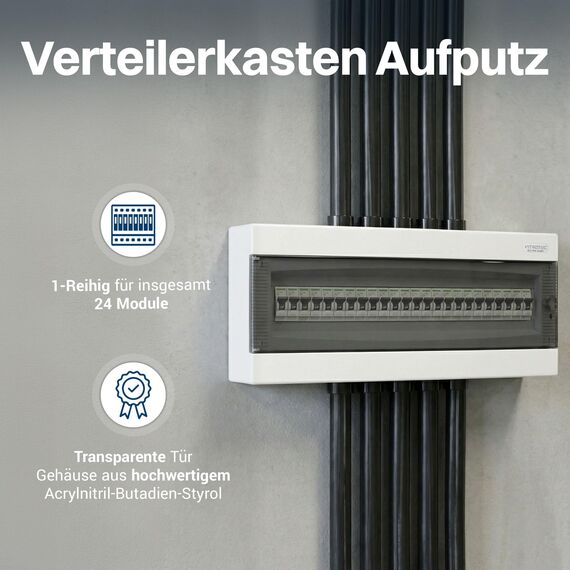 Intratec Sicherungskasten Aufputz 1 reihig – IP40 Verteilerkasten Aufputz Gehäuse für 24 Module mit transparenter Tür für einfache Installation Zuhause & Gewerbe – 503 x 236 x 112 mm