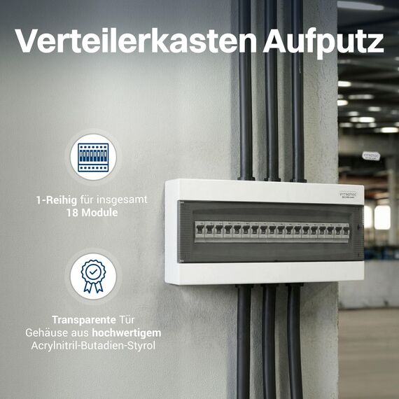 Intratec Sicherungskasten Aufputz 1 reihig – IP40 Verteilerkasten Aufputz Gehäuse für 18 Module mit transparenter Tür für einfache Installation Zuhause & Gewerbe – 236 x 396 x 112 mm
