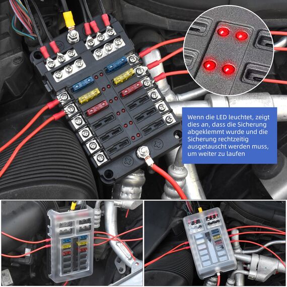 12 Fach Flachsicherung,12V Sicherungshalter KFZ Sicherungskasten 24 Sicherungen Wasserdichte Sicherungsblock mit LED-Anzeige Positiver Negativer für DC 12V / 24V Auto LKW Boot VAN SUV Marine Fahrzeug
