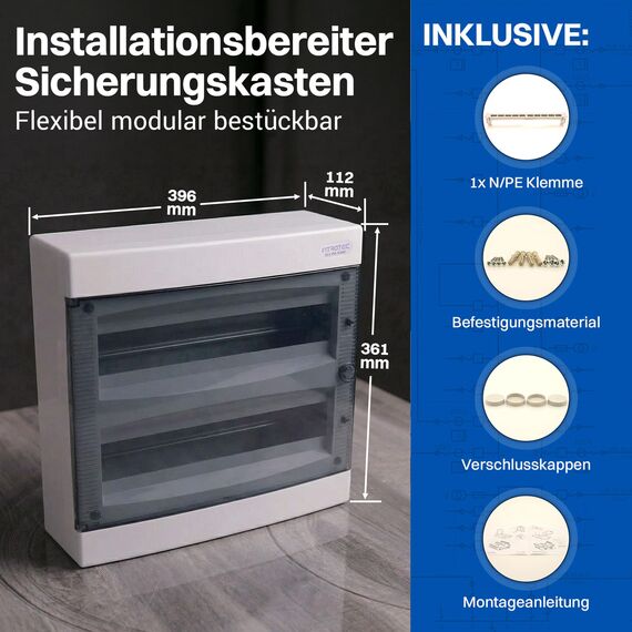 Intratec Sicherungskasten Aufputz 2 reihig – IP40 Verteilerkasten Aufputz Gehäuse für 36 Module mit weißer Tür für einfache Installation Zuhause & Gewerbe – 361 x 396 x 112 mm