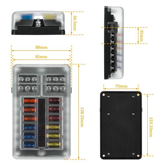 Kohree 12 Fach kfz Sicherungshalter 12 Volt, kfz Sicherungskasten 12V mit LED-Anzeige, 30 Sicherungen, Sicherungsclip, Aufkleber, Schrauben, 12V Fuse Block für Auto, Boot, Boot, Wohnmobil
