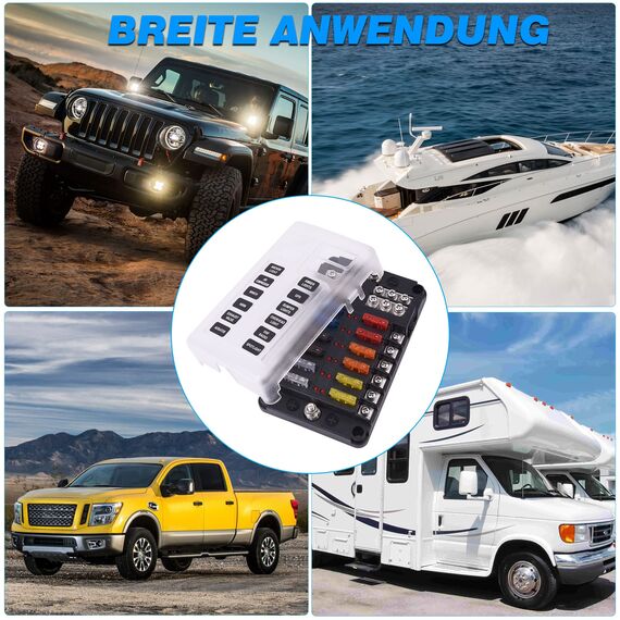 KFZ Sicherungshalter, MICTUNING 12V Sicherungsverteiler 12 Fach Sicherungskasten mit 30Pcs Sicherungen und LED-Anzeige für Wohnmobil Boot Camper