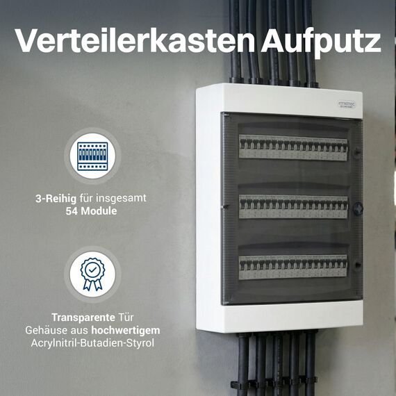 Intratec Sicherungskasten Aufputz 3 reihig – IP40 Verteilerkasten Aufputz Gehäuse für 54 Module mit weißer Tür für einfache Installation Zuhause & Gewerbe – 526 x 396 x 112 mm
