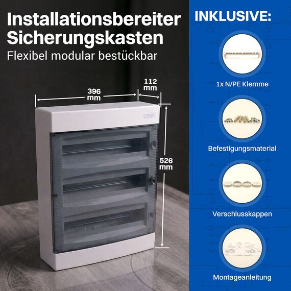 Intratec Sicherungskasten Aufputz 3 reihig – IP40 Verteilerkasten Aufputz Gehäuse für 54 Module mit weißer Tür für einfache Installation Zuhause & Gewerbe – 526 x 396 x 112 mm