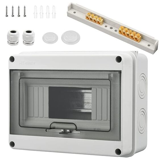 Sicherungskasten Aufputz, kleinverteiler IP65-1 Reihig-8 Module, Mit 4 Terminals 2 Steckverbinder, Geeignet für Gärten im Freien, Bauernhöfe, Ladesäulen, Feuchtraum