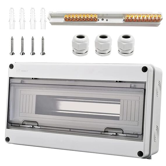 Sicherungskasten Aufputz, Verteiler IP65-1 Reihig-18 Module, Mit 9 Terminals 3 Steckverbinder, Geeignet für Gärten im Freien, Bauernhöfe, Ladesäulen, Feuchtraum (18 Module)
