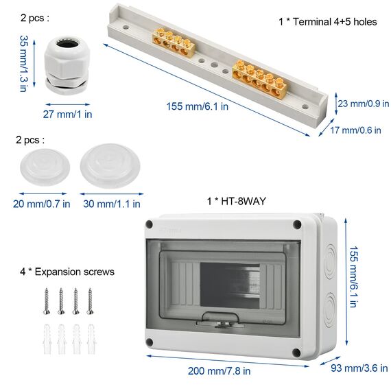 Sicherungskasten Aufputz, kleinverteiler IP65-1 Reihig-8 Module, Mit 4 Terminals 2 Steckverbinder, Geeignet für Gärten im Freien, Bauernhöfe, Ladesäulen, Feuchtraum