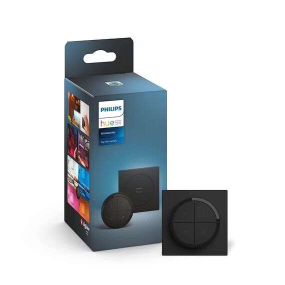 Philips Hue Tap Dial Schalter für Hue Lichtsysteme, Smarter Dimmer zur Steuerung von Leuchten, kabelloser Lichtschalter ohne Installation, schwarz