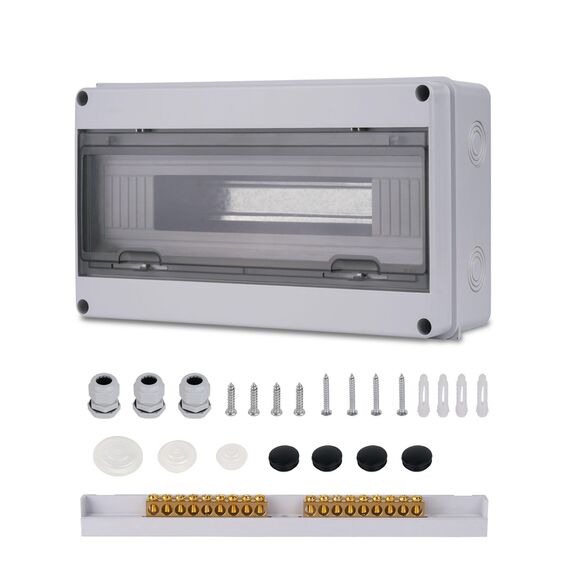 Sicherungskasten Aufputz Verteiler, Verteilerkasten Aufputz ip65 1-reihig für 18 Module, mit Zubehör, Kleinverteiler für Gärten, Famiglia, Feuchtraum