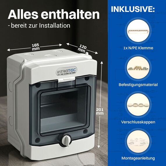 Intratec Verteilerkasten Aufputz 1 reihig – IP65 Sicherungskasten für 6 Module – Feuchtraum Verteiler für Garten, Keller, Garage & Außenbereich – 400VAC 1500VDC Kleinverteiler, 201 x 165 x 120 mm