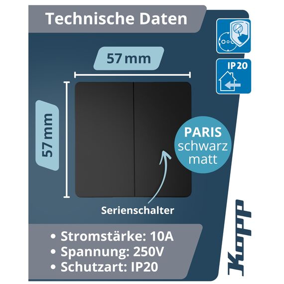 Kopp PARIS Serienschalter in Matt-Schwarz - Hochwertiger Doppel-Lichtschalter mit 10AX Schaltvermögen - IP20 Schalter-Unterputz mit Wippe & Steckklemmen - Stilvoller Doppelschalter 250V~
