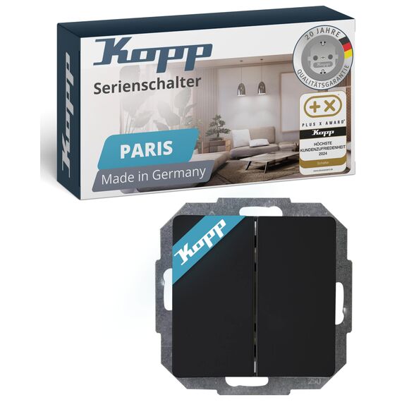 Kopp PARIS Serienschalter in Matt-Schwarz - Hochwertiger Doppel-Lichtschalter mit 10AX Schaltvermögen - IP20 Schalter-Unterputz mit Wippe & Steckklemmen - Stilvoller Doppelschalter 250V~