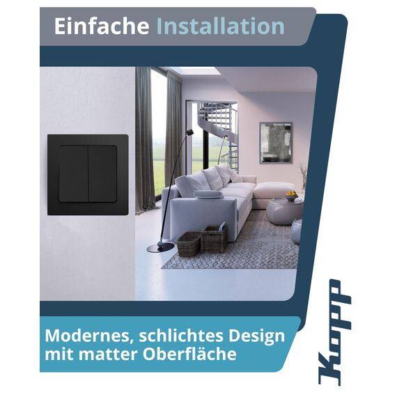Kopp PARIS Serienschalter in Matt-Schwarz - Hochwertiger Doppel-Lichtschalter mit 10AX Schaltvermögen - IP20 Schalter-Unterputz mit Wippe & Steckklemmen - Stilvoller Doppelschalter 250V~