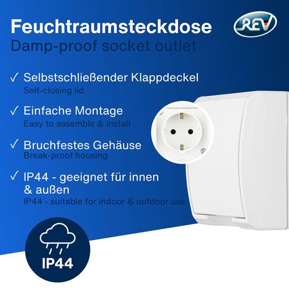 REV AquaForm, Steckdose-Feuchtraumsteckdose, IP44, einpolig, Aufputz, weiß