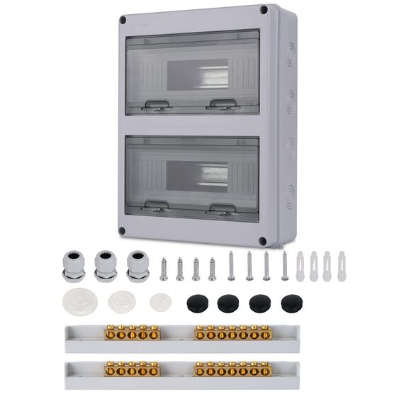 Sicherungskasten Aufputz Verteiler, Verteilerkasten Aufputz ip65 2-reihig für 24 Module, mit Zubehör, Kleinverteiler für Gärten, Famiglia, Feuchtraum