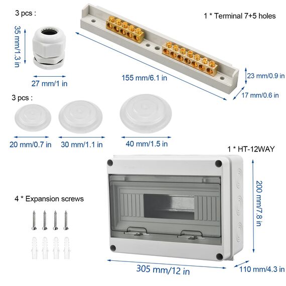 Sicherungskasten Aufputz, Verteiler IP65-1 Reihig-15 Module, Mit 9 Terminals 3 Steckverbinder, Geeignet für Gärten im Freien, Bauernhöfe, Ladesäulen, Feuchtraum (15 Module)