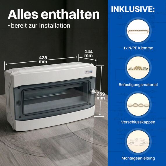 Intratec Verteilerkasten Aufputz 1 reihig – IP65 Sicherungskasten für 18 Module – Feuchtraum Verteiler für Garten, Keller, Garage & Außenbereich – 400VAC 1500VDC Kleinverteiler, 260 x 428 x 142 mm