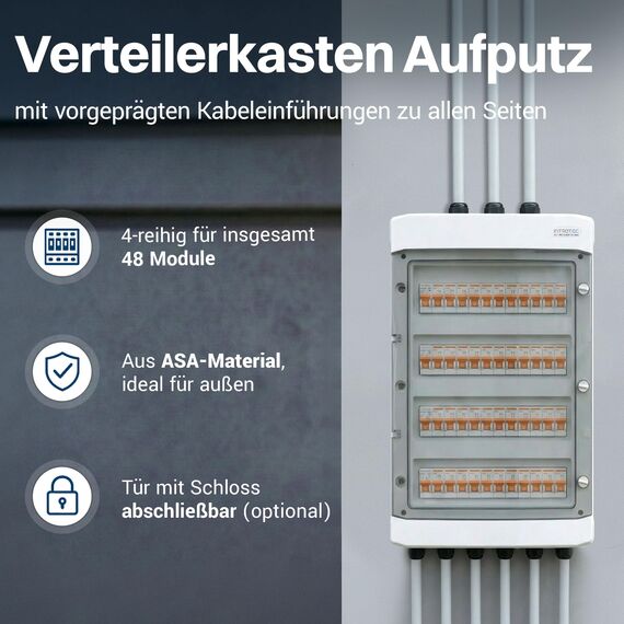Intratec Verteilerkasten Aufputz 4 reihig – IP65 Sicherungskasten für 48 Module – Feuchtraum Verteiler für Garten, Keller, Garage & Außenbereich – 400VAC 1500VDC Kleinverteiler, 663 x 319 x 144 mm