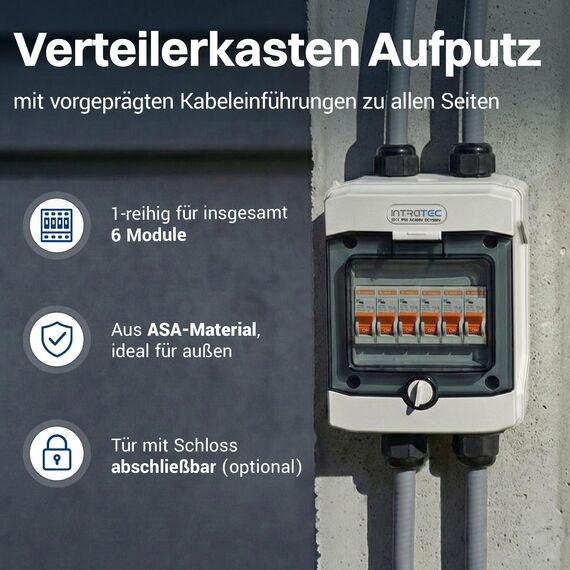 Intratec Verteilerkasten Aufputz 1 reihig – IP65 Sicherungskasten für 6 Module – Feuchtraum Verteiler für Garten, Keller, Garage & Außenbereich – 400VAC 1500VDC Kleinverteiler, 201 x 165 x 120 mm