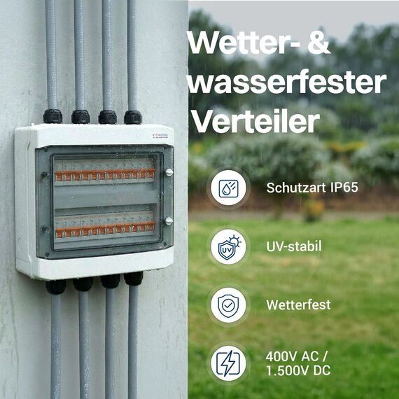 Intratec Verteilerkasten Aufputz 2 reihig – IP65 Sicherungskasten für 24 Module – Feuchtraum Verteiler für Garten, Keller, Garage & Außenbereich – 400VAC 1500VDC Kleinverteiler, 318 x 384 x 144 mm