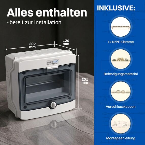 Intratec Verteilerkasten Aufputz 1 reihig – IP65 Sicherungskasten für 8 Module – Feuchtraum Verteiler für Garten, Keller, Garage & Außenbereich – 400VAC 1500VDC Kleinverteiler, 202 x 201 x 120 mm