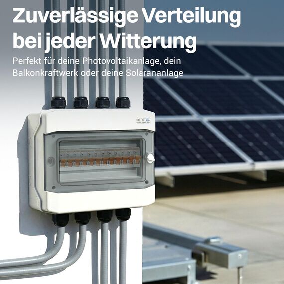 Intratec Verteilerkasten Aufputz 1 reihig – IP65 Sicherungskasten für 12 Module – Feuchtraum Verteiler für Garten, Keller, Garage & Außenbereich – 400VAC 1500VDC Kleinverteiler, 318 x 259 x 144 mm