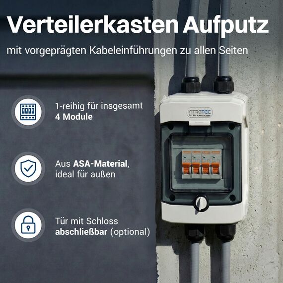 Intratec Verteilerkasten Aufputz 1 reihig – IP65 Sicherungskasten für 4 Module – Feuchtraum Verteiler für Garten, Keller, Garage & Außenbereich – 400VAC 1500VDC Kleinverteiler, 201 x 128 x 120 mm