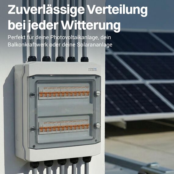 Intratec Verteilerkasten Aufputz 2 reihig – IP65 Sicherungskasten für 24 Module – Feuchtraum Verteiler für Garten, Keller, Garage & Außenbereich – 400VAC 1500VDC Kleinverteiler, 318 x 384 x 144 mm