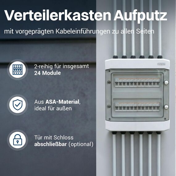 Intratec Verteilerkasten Aufputz 2 reihig – IP65 Sicherungskasten für 24 Module – Feuchtraum Verteiler für Garten, Keller, Garage & Außenbereich – 400VAC 1500VDC Kleinverteiler, 318 x 384 x 144 mm