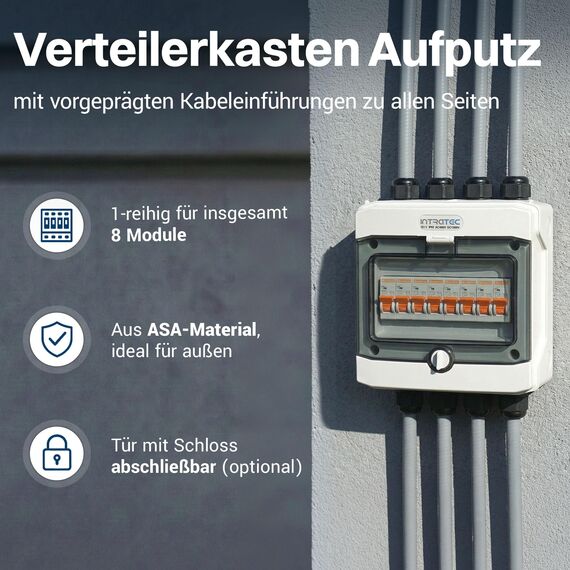 Intratec Verteilerkasten Aufputz 1 reihig – IP65 Sicherungskasten für 8 Module – Feuchtraum Verteiler für Garten, Keller, Garage & Außenbereich – 400VAC 1500VDC Kleinverteiler, 202 x 201 x 120 mm