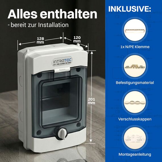 Intratec Verteilerkasten Aufputz 1 reihig – IP65 Sicherungskasten für 4 Module – Feuchtraum Verteiler für Garten, Keller, Garage & Außenbereich – 400VAC 1500VDC Kleinverteiler, 201 x 128 x 120 mm