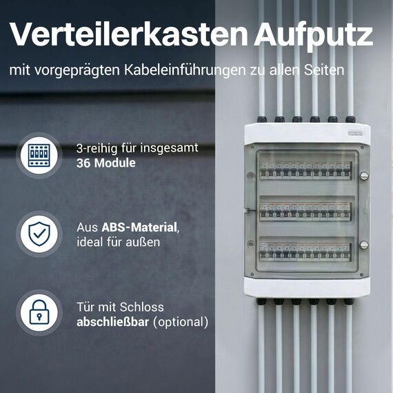 Intratec Verteilerkasten Aufputz 3 reihig – IP65 Sicherungskasten für 36 Module – Feuchtraum Verteiler für Garten, Keller, Garage & Außenbereich – 400VAC 1500VDC Kleinverteiler, 534 x 319 x 144 mm