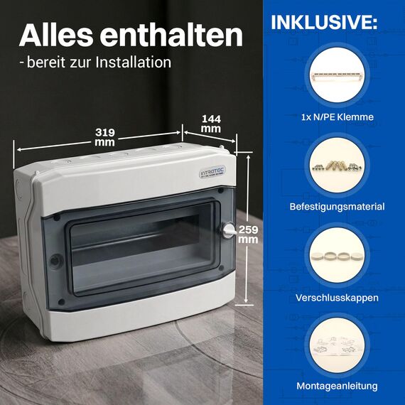 Intratec Verteilerkasten Aufputz 1 reihig – IP65 Sicherungskasten für 12 Module – Feuchtraum Verteiler für Garten, Keller, Garage & Außenbereich – 400VAC 1500VDC Kleinverteiler, 318 x 259 x 144 mm