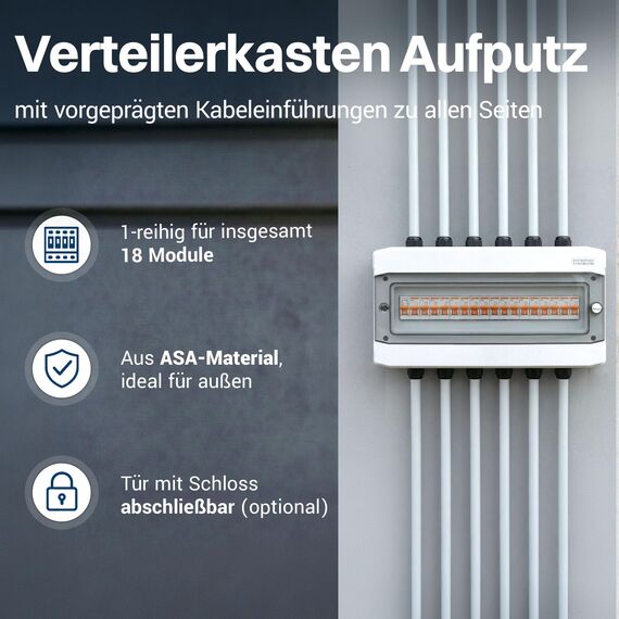 Intratec Verteilerkasten Aufputz 1 reihig – IP65 Sicherungskasten für 18 Module – Feuchtraum Verteiler für Garten, Keller, Garage & Außenbereich – 400VAC 1500VDC Kleinverteiler, 260 x 428 x 142 mm