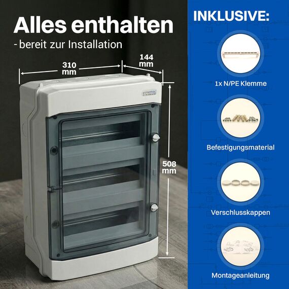 Intratec Verteilerkasten Aufputz 3 reihig – IP65 Sicherungskasten für 36 Module – Feuchtraum Verteiler für Garten, Keller, Garage & Außenbereich – 400VAC 1500VDC Kleinverteiler, 534 x 319 x 144 mm