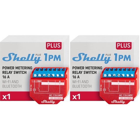 Shelly Plus 1PM | WLAN & Bluetooth Relais Schalter mit Strommessung - 16A | Lichtsteuerung | Funktioniert mit Alexa & Google Home | iOS- & Android-App | Kein Hub erforderlich (Packung mit 2)