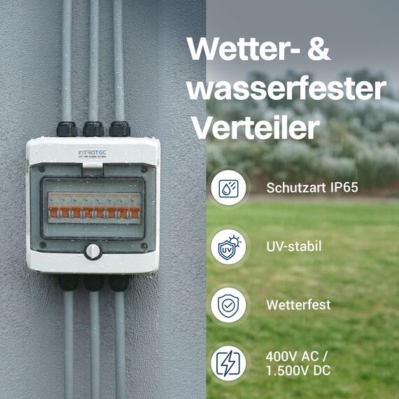 Intratec Verteilerkasten Aufputz 1 reihig – IP65 Sicherungskasten für 8 Module – Feuchtraum Verteiler für Garten, Keller, Garage & Außenbereich – 400VAC 1500VDC Kleinverteiler, 202 x 201 x 120 mm