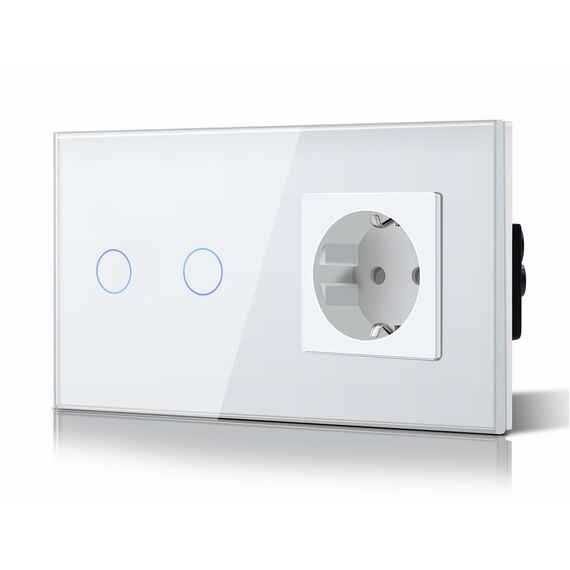 BSEED Touch Lichtschalter mit Steckdose aus Glas, Modern Steckdosen Unterputz, Wandschalter mit LED Hinterlicht (Kein Neutralleiter erforderlich), Kein WLAN, 157mm 2 Fach 2 Wege Weiß