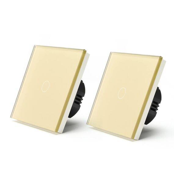 BSEED Touch Lichtschalter aus Glas, Modern Schalter Unterputz, Wandschalter mit LED Hinterlicht (Kein Neutralleiter erforderlich), KEIN WLAN, 86mm 1 Fach 2 Wege Gold, 2 Pack