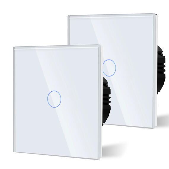 BSEED Touch Lichtschalter aus Glas, Modern Schalter Unterputz, Wandschalter mit LED Hinterlicht (Kein Neutralleiter erforderlich), KEIN WLAN, 86mm 1 Fach 2 Wege Weiß, 2 Pack