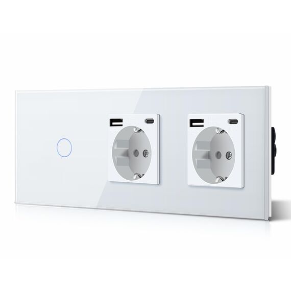 BSEED Touch Lichtschalter 1 Fach 1 Weg mit Doppelt USB C Steckdose aus Glas, Modern Steckdosen Wandschalter Unterputz (Kein Neutralleiter erforderlich), Kein WLAN, 228mm Weiß