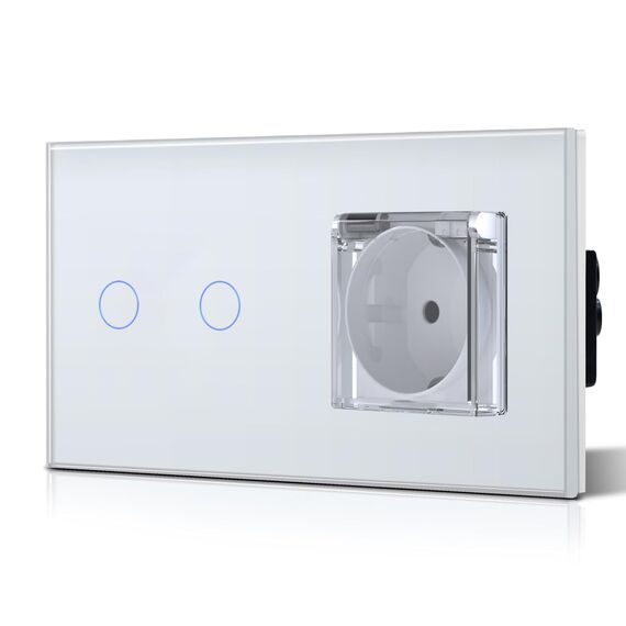 BSEED Lichtschalter mit Steckdose, Glas Wandsteckdose mit Wasserdichter Abdeckung, (Kein Neutralleiter erforderlich), Kein WLAN, 2 Fach 1 Weg, 157mm Weiß