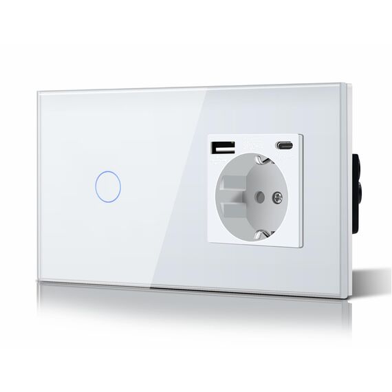 BSEED Touch Lichtschalter mit Steckdose USB C aus Glas, Modern Steckdosen Unterputz, Wandschalter mit LED Hinterlicht (Kein Neutralleiter erforderlich), Kein WLAN, 157mm 1 Fach 2 Wege Weiß