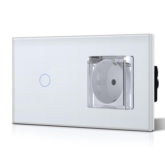 BSEED Lichtschalter mit Steckdose, Glas Wandsteckdose mit Wasserdichter Abdeckung, (Kein Neutralleiter erforderlich), Kein WLAN, 1 Fach 1 Weg, 157mm Weiß