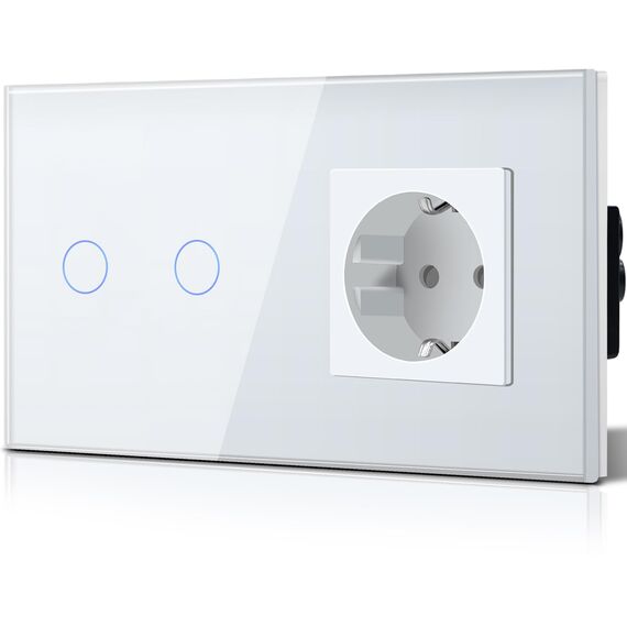BSEED Lichtschalter mit Schuko Steckdose Glas, unterputz, 16 Amp CEE steckdosentresor, 2 Fach 1 Weg Touch Wandleuchtenschalter Weiss, Flacher wechselschalter, Modern, Wasserdicht Innenschalter