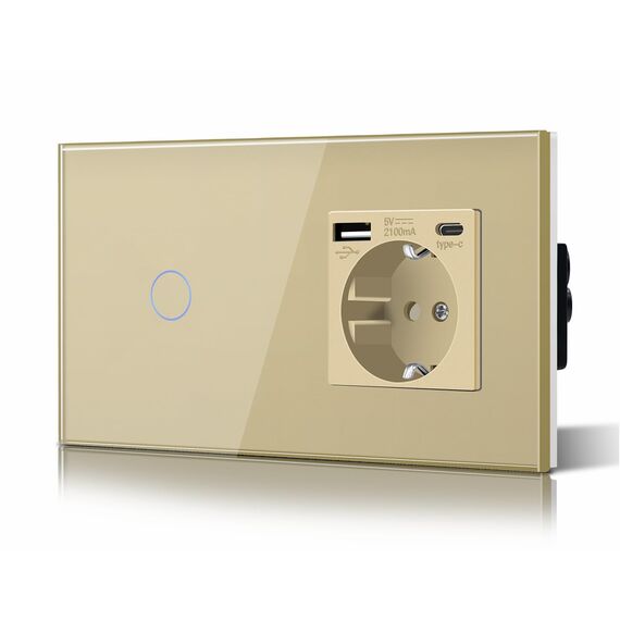 BSEED Touch Lichtschalter mit Steckdose USB C aus Glas, Modern Steckdosen Unterputz, Wandschalter mit LED Hinterlicht (Kein Neutralleiter erforderlich), Kein WLAN, 157mm 1 Fach 1 Weg Gold