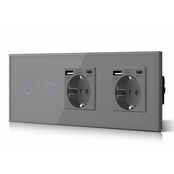 BSEED Touch Lichtschalter 2 Fach 2 Wege mit Doppelt USB C Steckdose aus Glas, Modern Steckdosen Wandschalter Unterputz (Kein Neutralleiter erforderlich), Kein WLAN, 228mm Grau