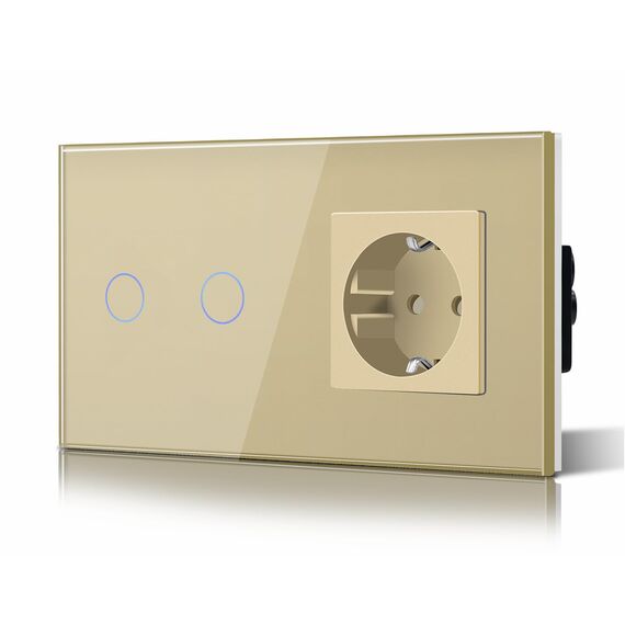 BSEED Touch Lichtschalter mit Steckdose aus Glas, Modern Steckdosen Unterputz, Wandschalter mit LED Hinterlicht (Kein Neutralleiter erforderlich), Kein WLAN, 157mm 2 Fach 2 Wege Gold