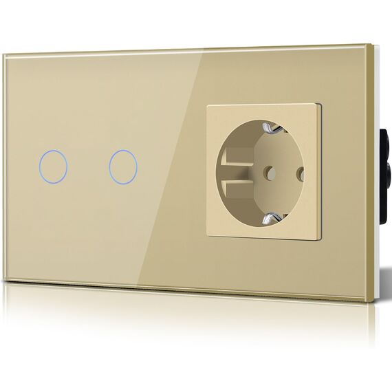 BSEED Touch Lichtschalter mit Steckdose aus Glas, Modern Steckdosen Unterputz, Wandschalter mit LED Hinterlicht (Kein Neutralleiter erforderlich), Kein WLAN, 157mm 2 Fach 1 Weg Gold
