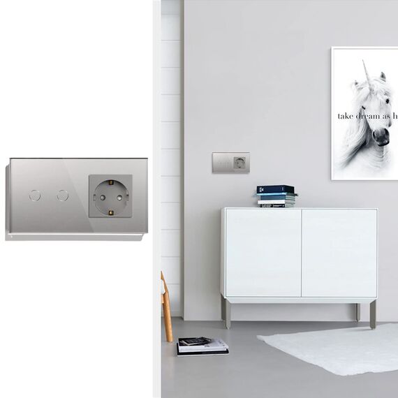BSEED Touch Lichtschalter mit Steckdose aus Glas, Modern Steckdosen Unterputz, Wandschalter mit LED Hinterlicht (Kein Neutralleiter erforderlich), Kein WLAN, 157mm 2 Fach 2 Wege Grau